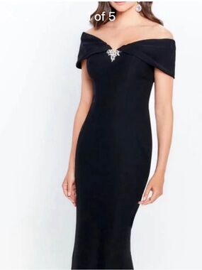 Montage by Mon Cheri Black One-Shoulder Evening Gown with Accent Brooch
